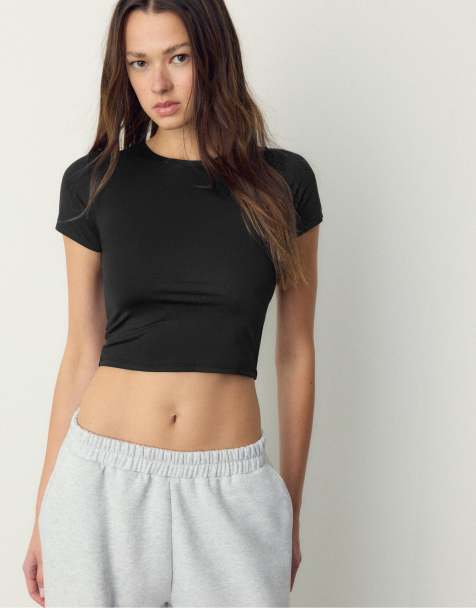 Stradivarius Basic polyamide t-shirt in black