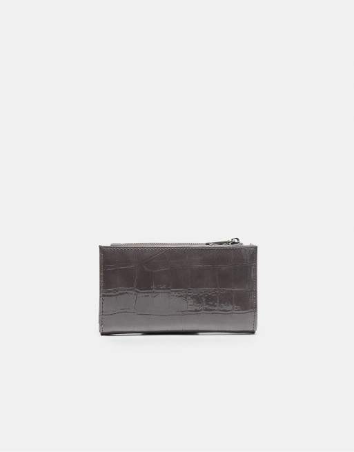 Stradivarius basic portafoglio effetto coccodrillo grigio scuro, 3 di 4
