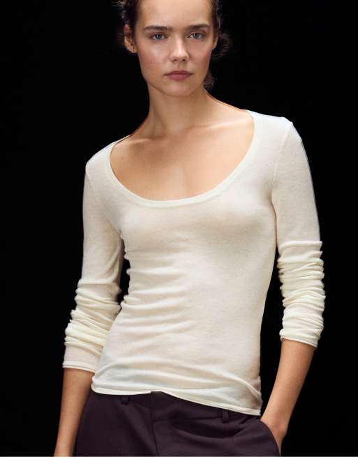 Stradivarius Basic Pullover aus Wolle und Seide mit Rundhalsausschnitt in Vanille, 2 von 7
