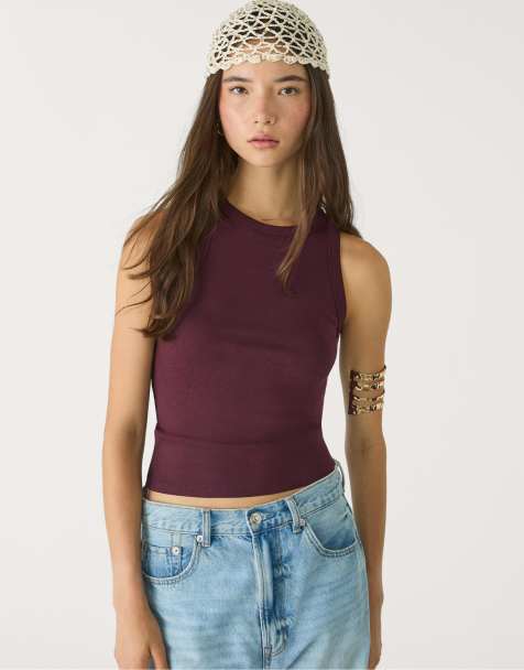 Stradivarius Basic racerback top in aubergine - view 1