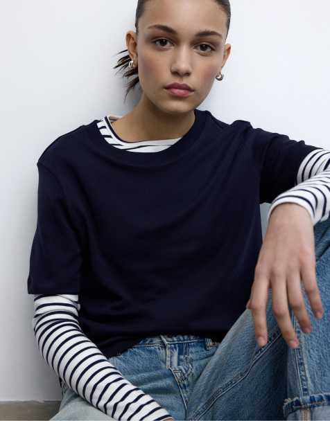 Stradivarius Basic regular fit heavy weight t-shirt in dark blue - view 1