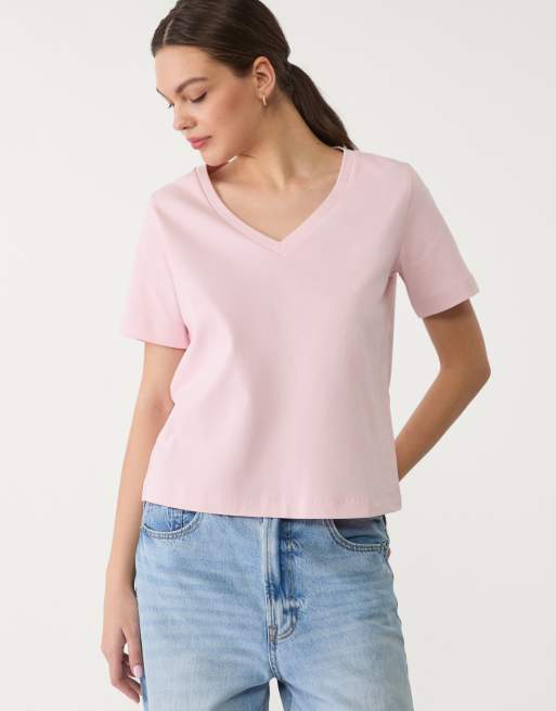 Stradivarius - Basic regular-fit T-shirt van zware stof in pastelroze