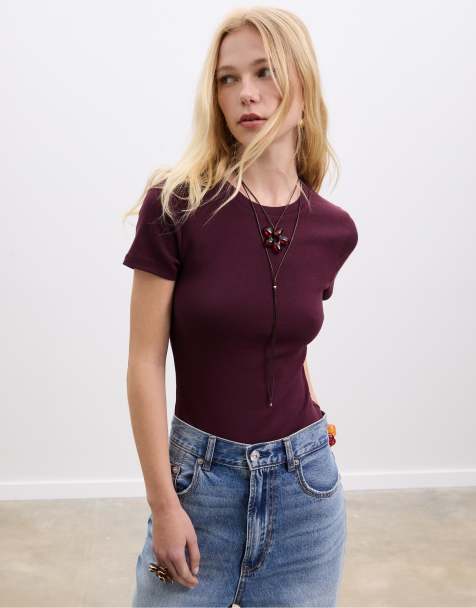 Stradivarius Basic round neck bodysuit in aubergine - view 1