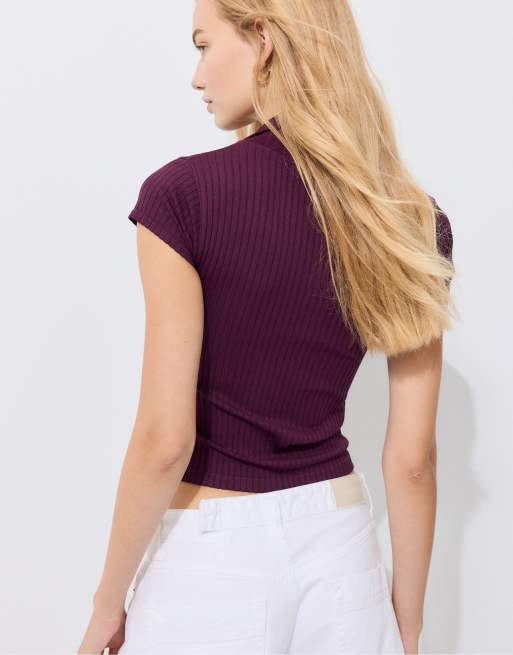 Stradivarius Basic seamless polo t-shirt in dark purple, 3 of 4