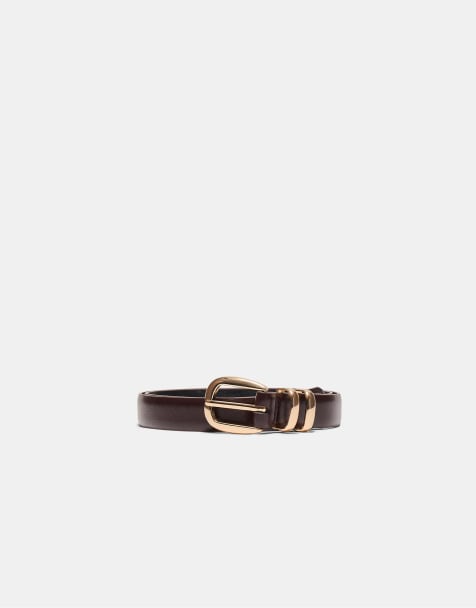 Stradivarius Basic shimmery leather effect belt in brown - view 1