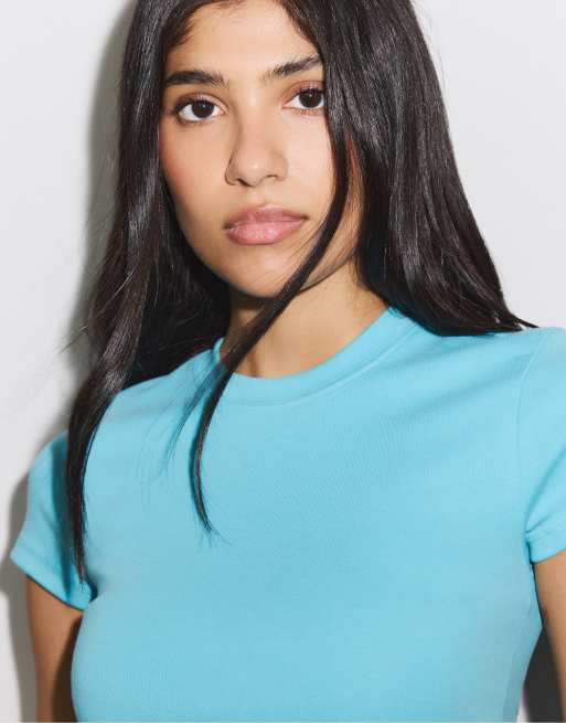Stradivarius Basic short sleeve round neck t-shirt in turquoise, 4 of 4