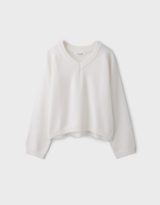 Stradivarius basic stickad tröja med v-ringning i naturvit, 6 av 7