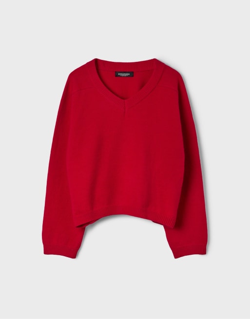 Stradivarius Basic stickad tröja med v-ringning i rött, 6 av 7