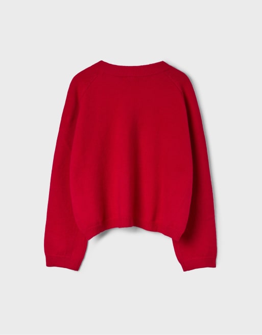 Stradivarius Basic Strickpullover mit V-Ausschnitt in Rot, 7 von 7