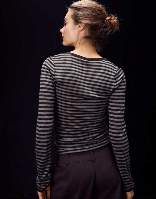 Stradivarius basic striktrøje med uld og silke, rund hals, brun, 3 af 7