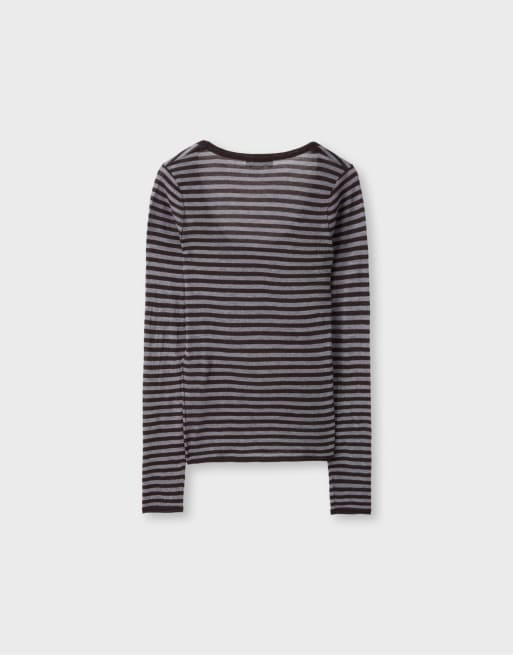 Stradivarius basic striktrøje med uld og silke, rund hals, brun, 7 af 7