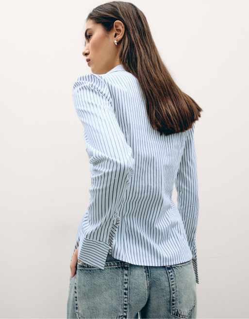 Stradivarius Basic striped fitted shirt in black, 3 of 4