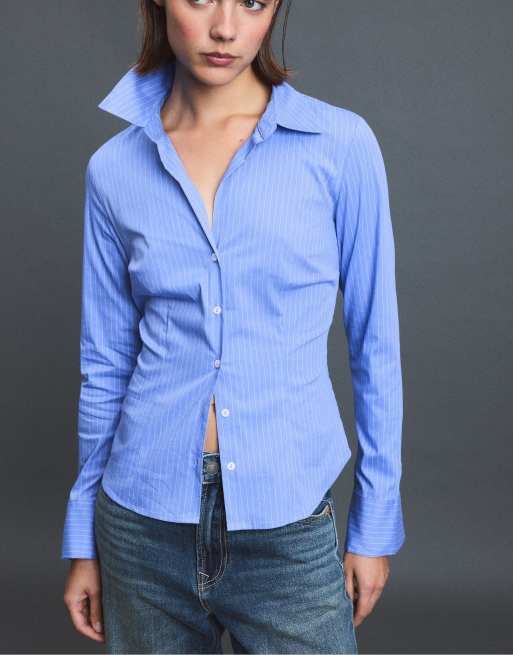 Stradivarius Basic striped fitted shirt in denim blue, 2 of 7