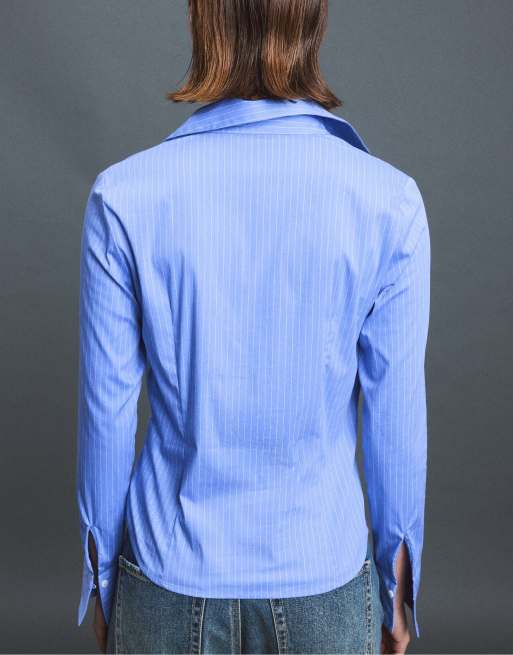 Stradivarius Basic striped fitted shirt in denim blue, 3 of 7