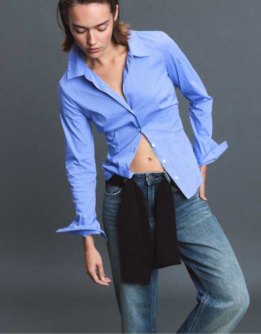 Stradivarius Basic striped fitted shirt in denim blue, 5 of 7