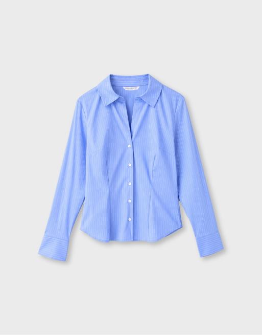 Stradivarius Basic striped fitted shirt in denim blue, 6 of 7