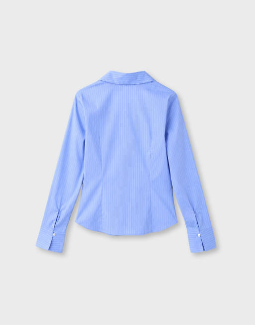 Stradivarius Basic striped fitted shirt in denim blue, 7 of 7