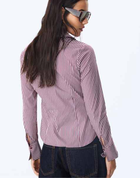 Stradivarius Basic striped fitted shirt in purple - view 1