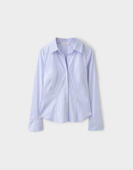 Stradivarius Basic striped fitted shirt in sky blue, 6 of 7