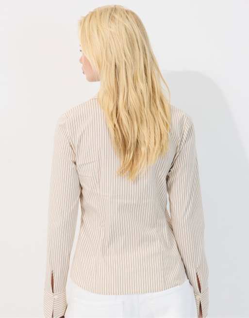 Stradivarius Basic striped fitted shirt in vanilla, 3 of 7