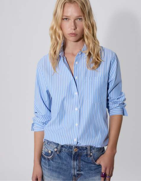 Stradivarius Basic striped poplin shirt with pocket in denim blue - view 1