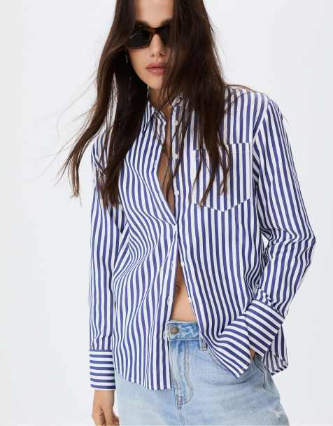Stradivarius Basic striped poplin shirt with pocket in navy blue - view 1