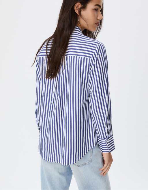 Stradivarius Basic striped poplin shirt with pocket in navy blue, 4 of 4