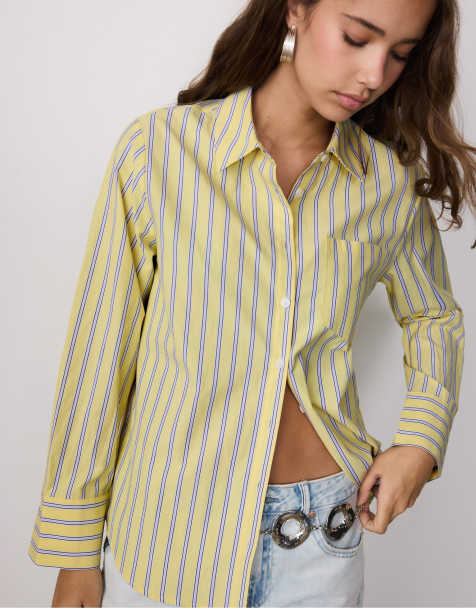 Stradivarius Basic striped poplin shirt with pocket in pastel yellow - view 1