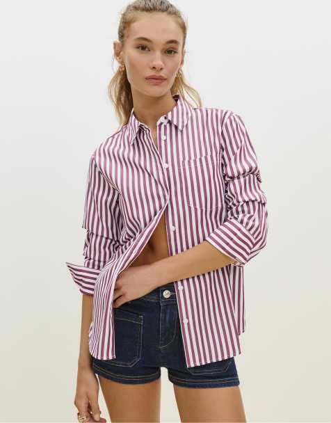 Stradivarius Basic striped poplin shirt with pocket in purple - view 1