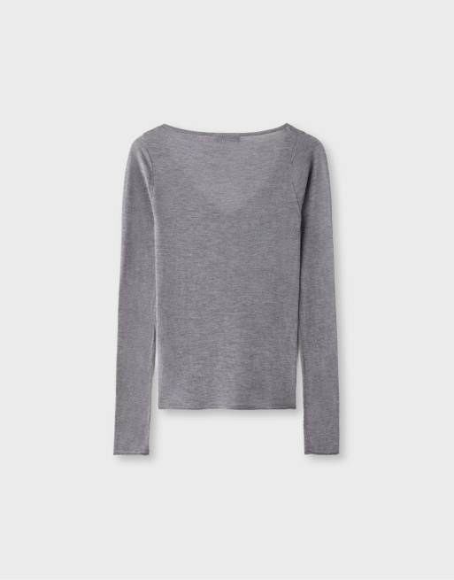 Stradivarius basic sweater i uld og silke med v-hals i gråmeleret, 7 af 7