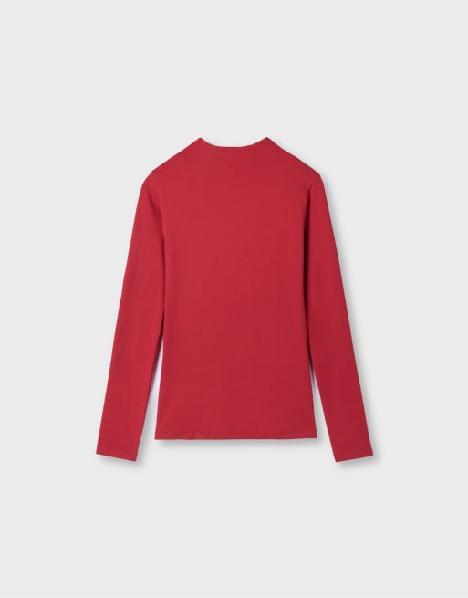 Stradivarius basic T-shirt con collo a imbuto rosso scuro, 6 di 7