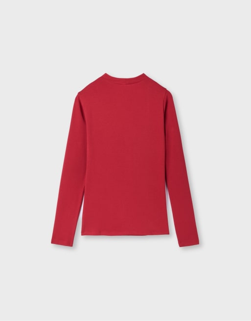 Stradivarius Basic T-shirt med ståkrave i mørkerød, 7 af 7