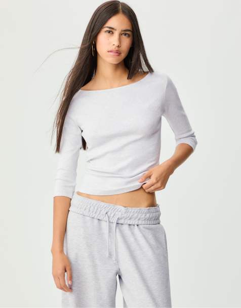 Stradivarius - Basic T-shirt met boothals in gemêleerd grijs - view 1