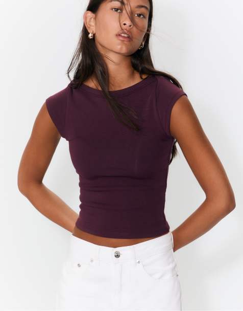 Stradivarius - Basic T-shirt met boothals in paars - view 1
