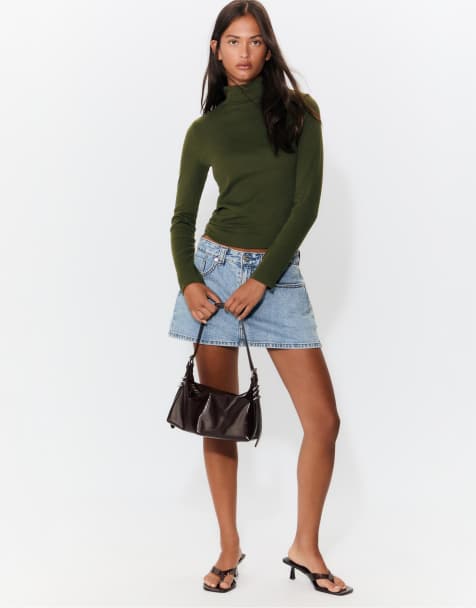 Stradivarius - Basic T-shirt met hoge hals in groen - view 1