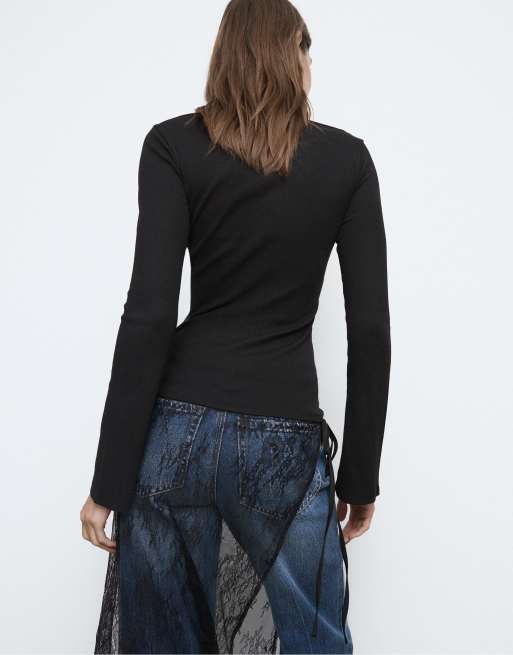 Stradivarius - Basic T-shirt met klokmouwen in zwart, 2 van 4