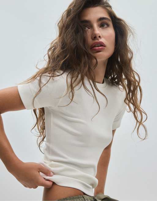 Stradivarius basic T-shirt met korte mouwen in wit, 5 van 5