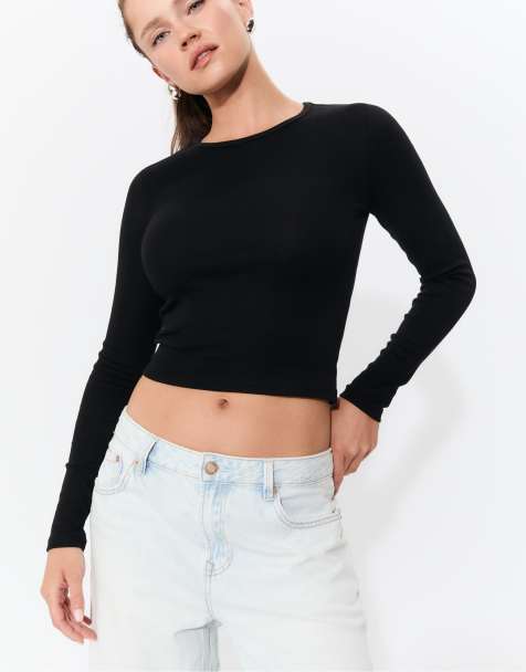 Stradivarius - Basic - T-shirt van katoen met ronde hals en lange mouwen in zwart - view 1