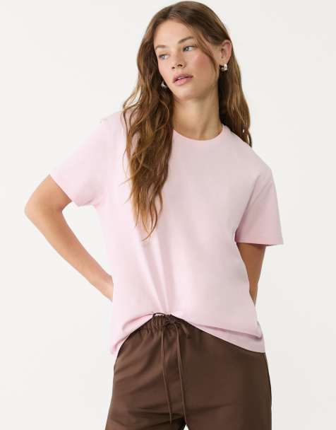 Stradivarius - Basic - T-shirt van zware stof met rechte pasvorm in pastelroze - view 1