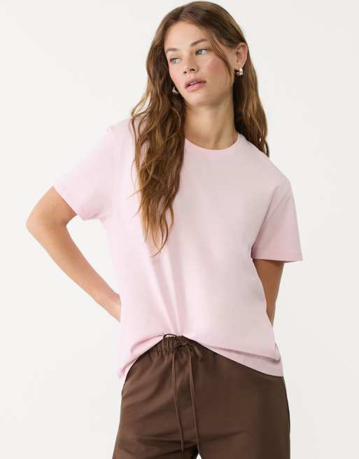 Stradivarius - Basic - T-shirt van zware stof met rechte pasvorm in pastelroze