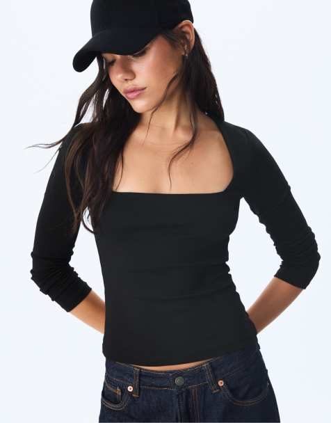 Stradivarius Basic t-shirt with square neckline in black - view 1