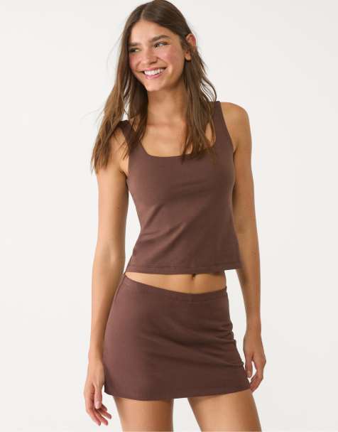 Stradivarius - Basic top met vierkante hals in bruin - view 1