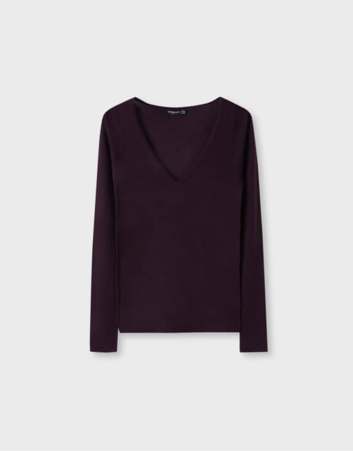 Stradivarius basic tröja i ull och silke med v-ringning i aubergine, 6 av 7