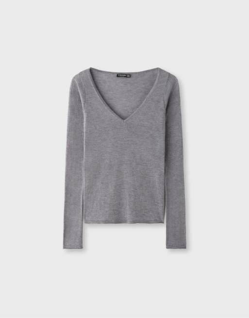 Stradivarius basic trui met V-hals van wol en zijde in grijs gemêleerd, 6 van 7