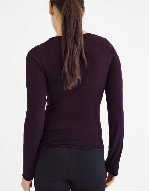 Stradivarius basic trui van wol en zijde met V-hals in aubergine, 3 van 7