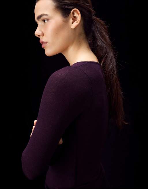 Stradivarius basic trui van wol en zijde met V-hals in aubergine, 4 van 7