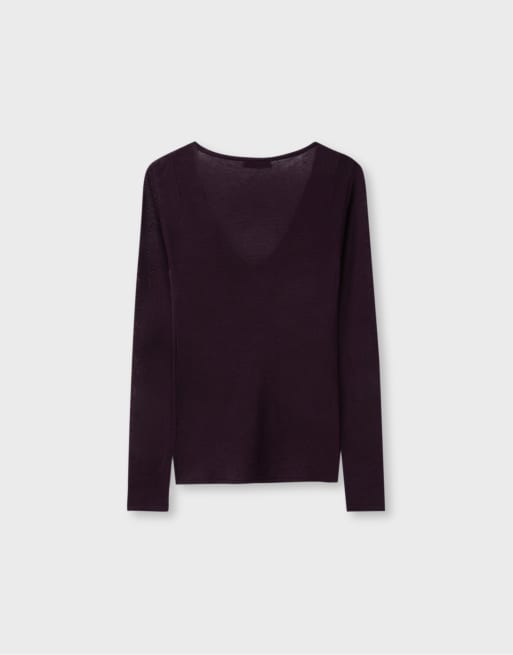 Stradivarius basic trui van wol en zijde met V-hals in aubergine, 7 van 7