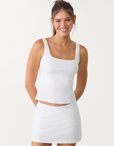 Stradivarius – Basic – Vit, enkel topp med fyrkantig halsringning - view 1
