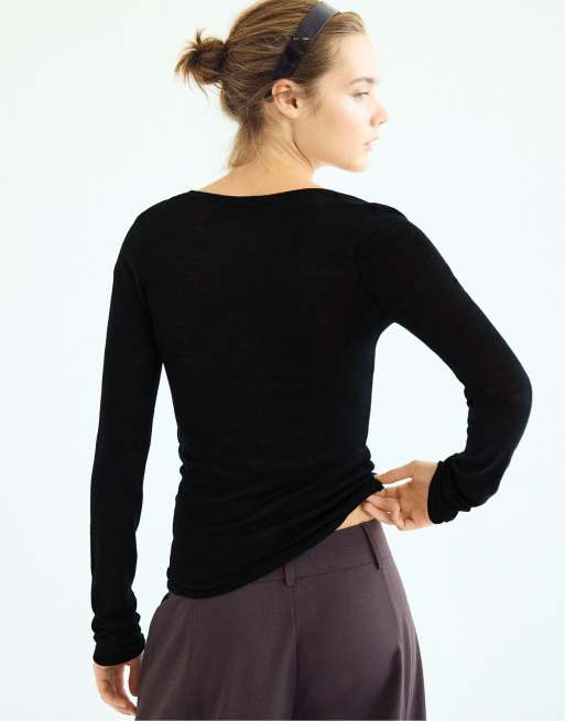 Stradivarius Basic wool and silk round neck jumper in black, 5 of 7