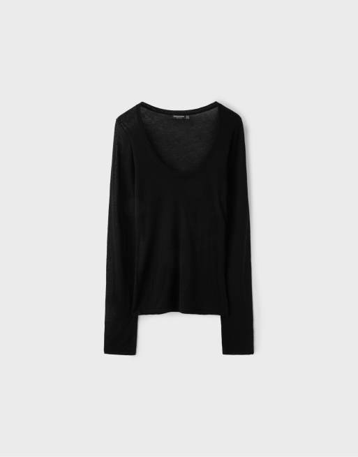 Stradivarius Basic wool and silk round neck jumper in black, 6 of 7